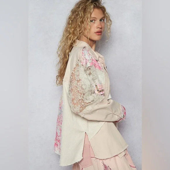 Floral patchwork lace flower embroidered shacket Floral Lace